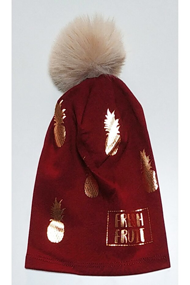 Ponponlu Esnek Örme Penye Anans Parlak Baskılı Kız Bebek Bere - 1