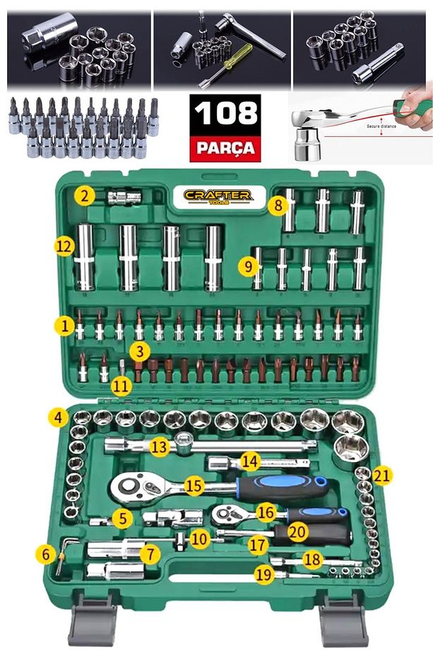 Srunv Tam Profesiyonel 72 Diş Eğik Cırcır 108 Parça Lokma Takımı Oto Tamir Ekstra Yardımcı Set - 1