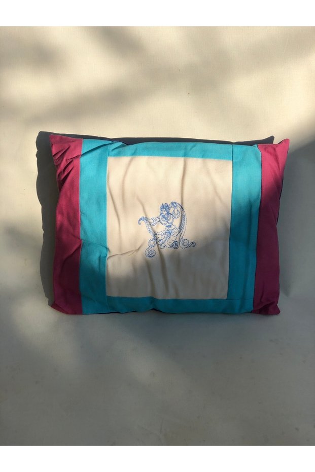 Blue, Pink, White Embroidered Throw Pillow