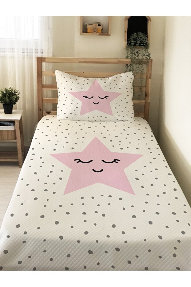 Pink Star Patterned Baby and Kids Printed Single Pique Set 160 X 220 cm White