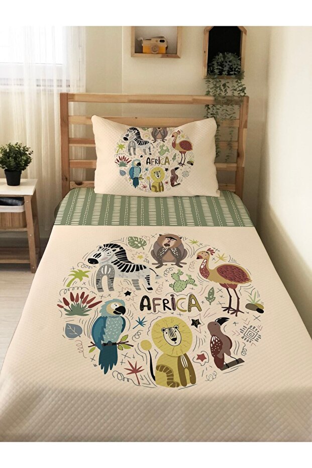 African Animal Patterned Baby and Kids Printed Single Pique Set 160 X 220 cm Brown