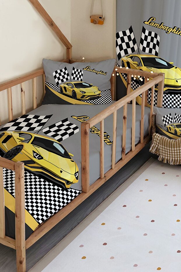 Yellow Car Pattern Velvet Texture Baby And Children Bedspread Gray