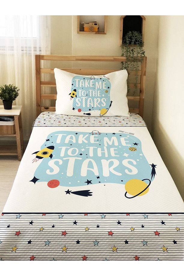 Roket Desen Bebek Ve Çocuk Baskılı Tek Kişilik Pike Takımı 160x230 - 1