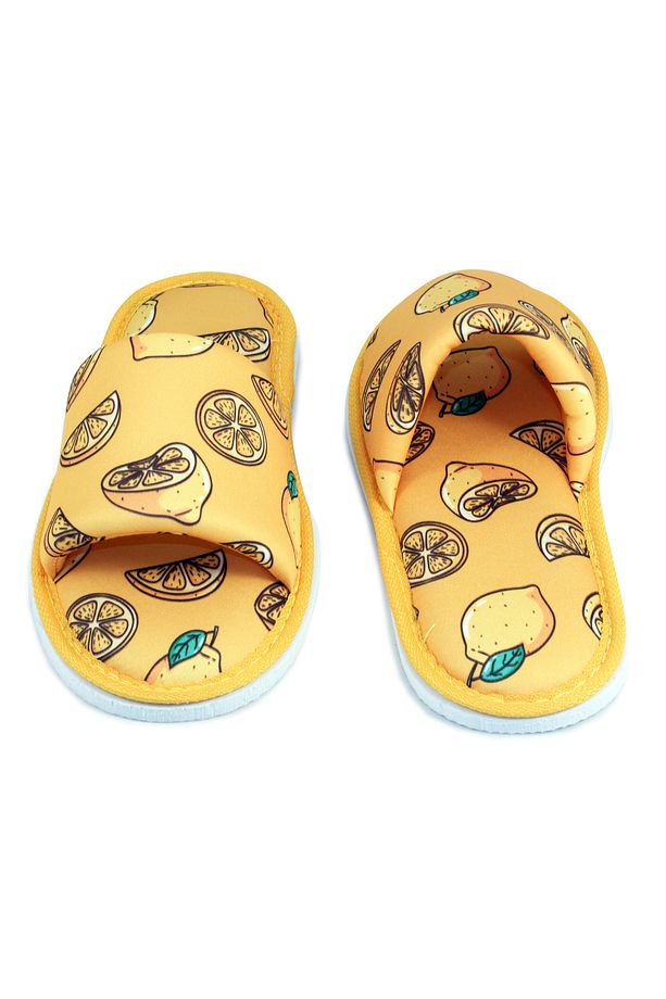 Unisex Sarı Limon Desenli Önü Açık Ev Terlik Yumuşak Taban - 6