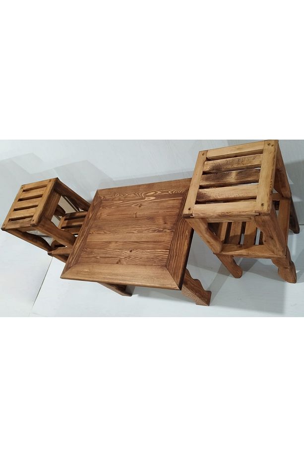 Ahşap Bahçe Takımı, 4+1 Ahşap Sehpa ve Tabure, Balkon & Teras Oturma Grubu, Eskitme Boyalı - 5