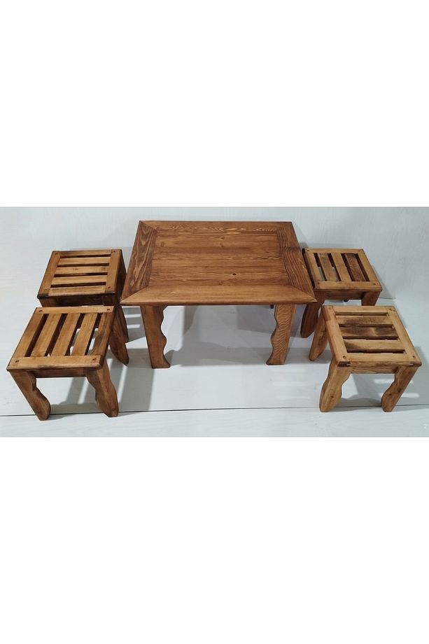 Ahşap Bahçe Takımı, 4+1 Ahşap Sehpa ve Tabure, Balkon & Teras Oturma Grubu, Eskitme Boyalı - 4