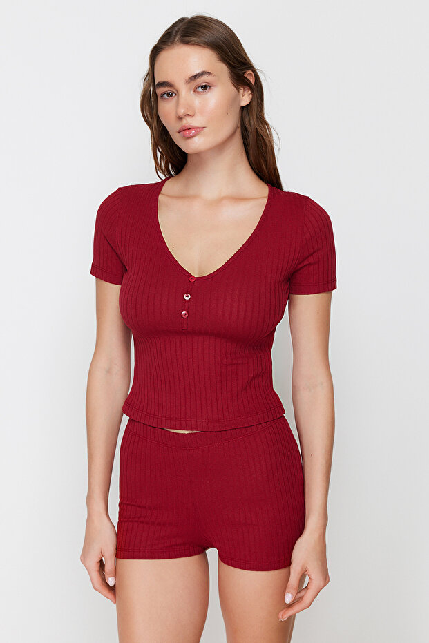 Bordo Düğme Detaylı Fitilli Şortlu Örme Pijama Takımı THMSS24PT00097 - 4