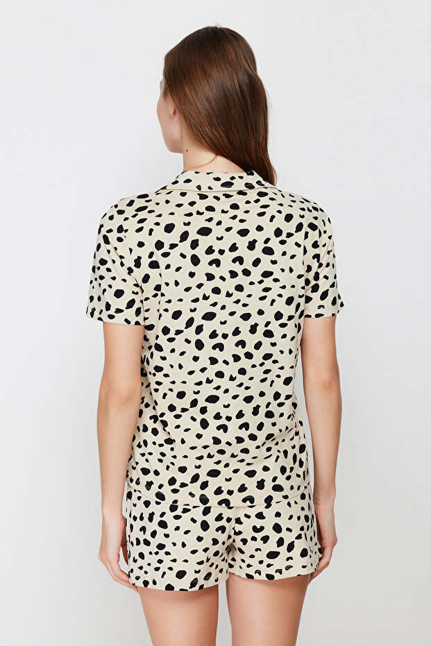 Çok Renkli %100 Pamuklu Leopar Desenli Şortlu Örme Pijama Takımı THMSS24PT00025 - 7