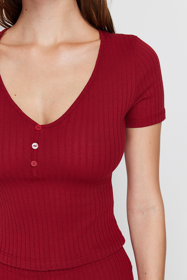 Bordo Düğme Detaylı Fitilli Şortlu Örme Pijama Takımı THMSS24PT00097 - 5