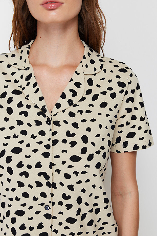 Çok Renkli %100 Pamuklu Leopar Desenli Şortlu Örme Pijama Takımı THMSS24PT00025 - 5