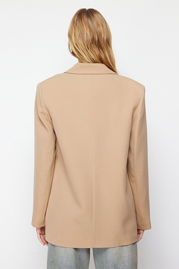 Camel Oversize Düz Kesim Basic Kruvaze Dokuma Blazer Ceket TWOSS24BC00028 - 7