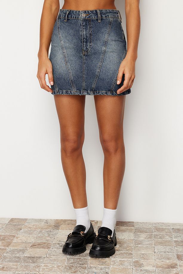 Koyu Mavi More Sustainable Soluk Efekt Vintage Yüksek Bel Mini Denim Etek TWOSS24ET00082 - 4
