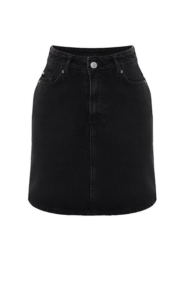 More Sustainable Siyah Yüksek Bel Mini Denim Etek TWOSS24ET00063 - 6