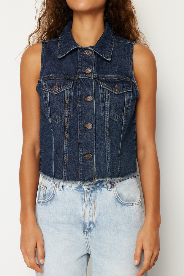 Koyu Mavi More Sustainable Crop Denim Yelek TWOSS24YE00029 - 5