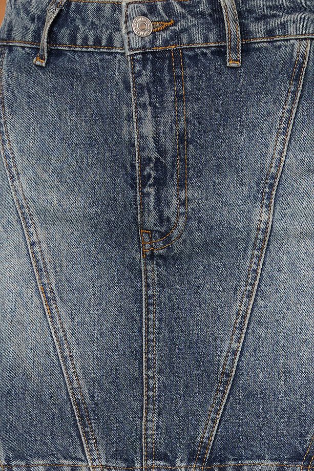 Koyu Mavi More Sustainable Soluk Efekt Vintage Yüksek Bel Mini Denim Etek TWOSS24ET00082 - 5