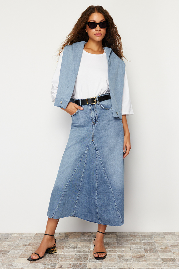 Mavi Volanlı Dikiş Detaylı Yüksek Bel Maxi Denim Etek TWOSS24ET00012 - 1