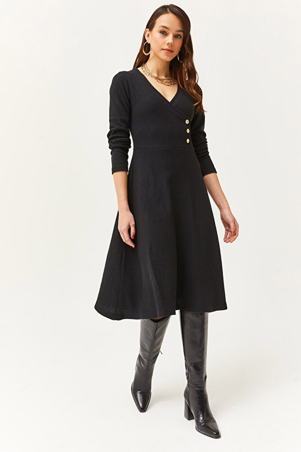 Women's Black Button Detail Double-Breasted Midi Flared Dress ELB-19002031
