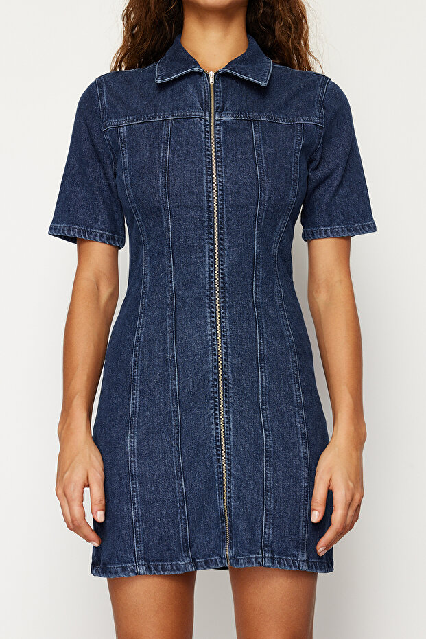 Koyu Mavi Fermuarlı Fitted/Vücuda Oturan Mini Comfort/Esnek Denim Elbise TWOSS24EL00381 - 5