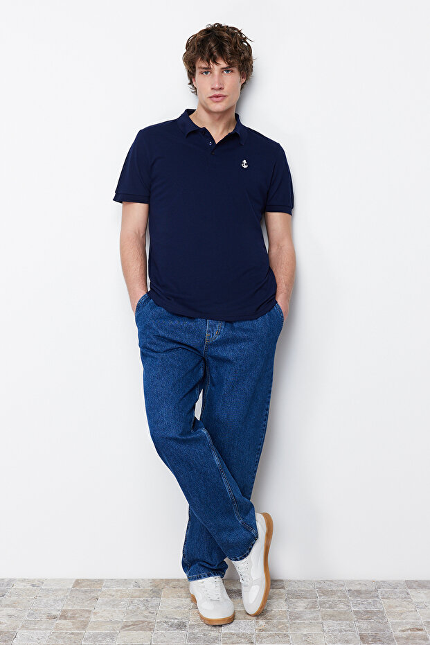 Lacivert Regular/Normal Kesim %100 Pamuklu Çapa Nakışlı Polo Yaka T-shirt TMNSS23PO00031 - 2