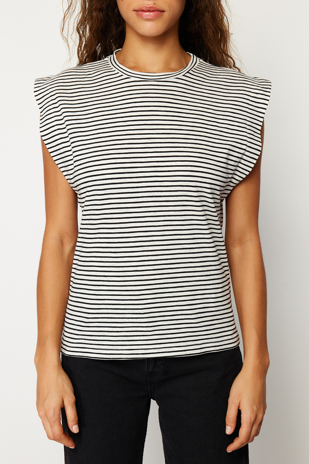 Çok Renkli %100 Pamuk Çizgili Vatka Görünümlü Basic Bisiklet Yaka Örme T-Shirt TWOSS20TS0021 - 5