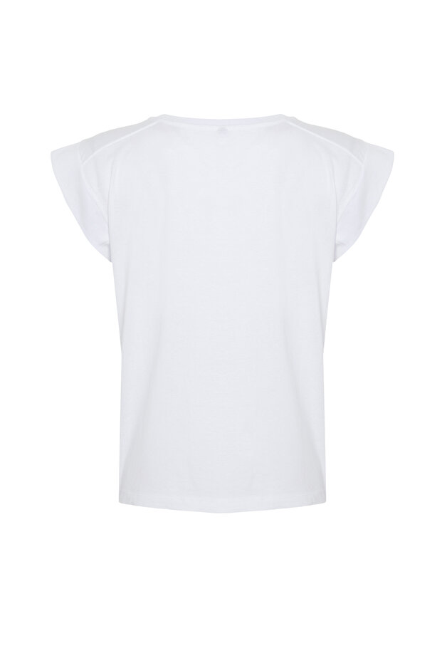 Beyaz Ribana Detaylı Ay Kol Basic Örme T-Shirt TWOSS24TS00008 - 7