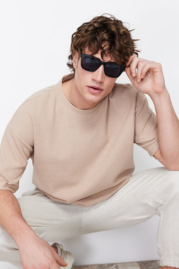 Camel Oversize/Geniş Kesim Bisiklet Yaka Kısa Kollu Basic Dokulu T-shirt TMNSS22TS00049 - 4