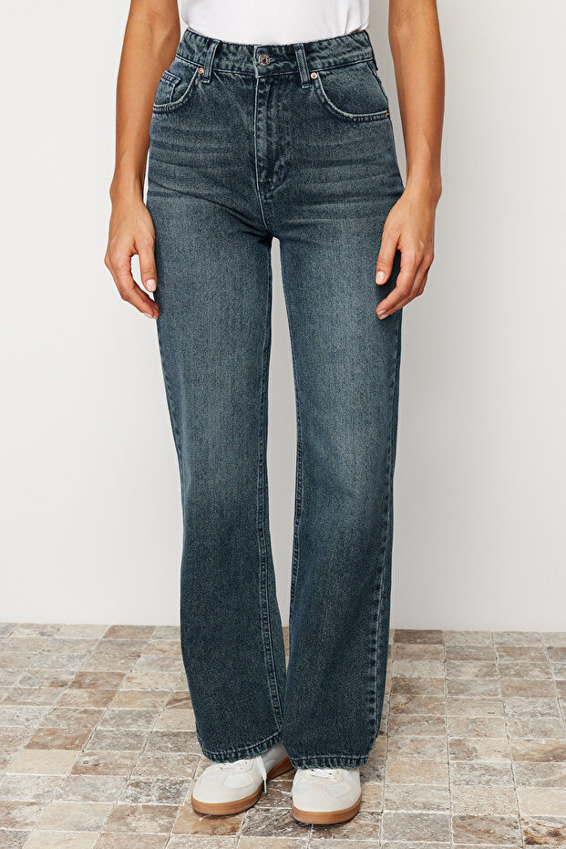 Koyu Mavi Soluk Efekt Vintage Yüksek Bel Wide Leg Geniş Paça %100 Pamuk Jeans TWOSS24JE00080 - 5