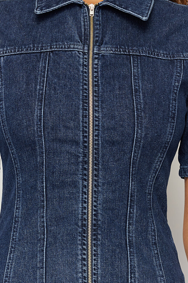 Koyu Mavi Fermuarlı Fitted/Vücuda Oturan Mini Comfort/Esnek Denim Elbise TWOSS24EL00381 - 4