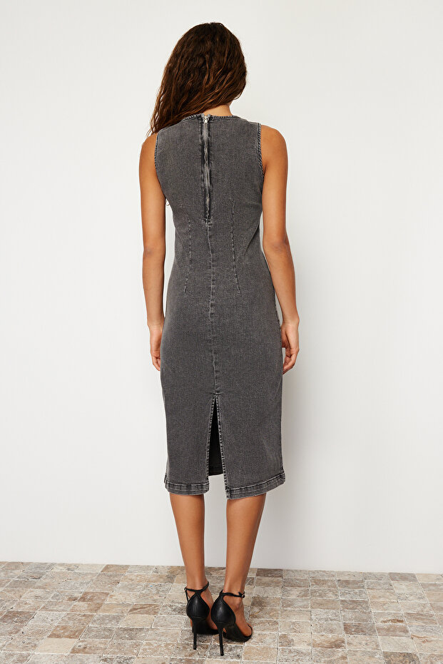 Antrasit Fitted/Vücuda Oturan Midi Comfort/Esnek Denim Elbise TWOSS24EL00383 - 5