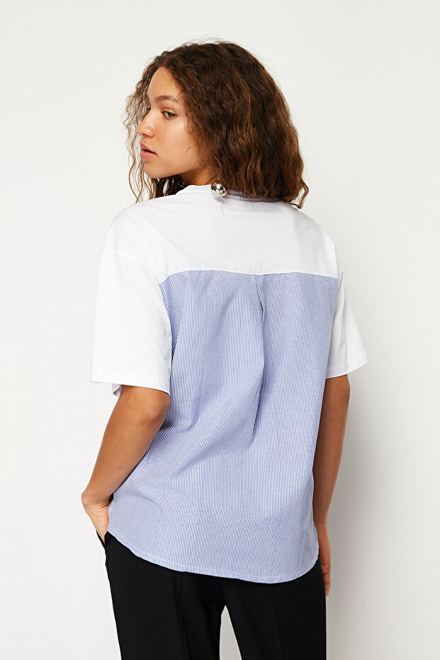 Beyaz Çizgili Kalın Pamuklu Poplin Detaylı Oversize/Geniş Kalıp Örme T-Shirt TWOSS24TS00006 - 6