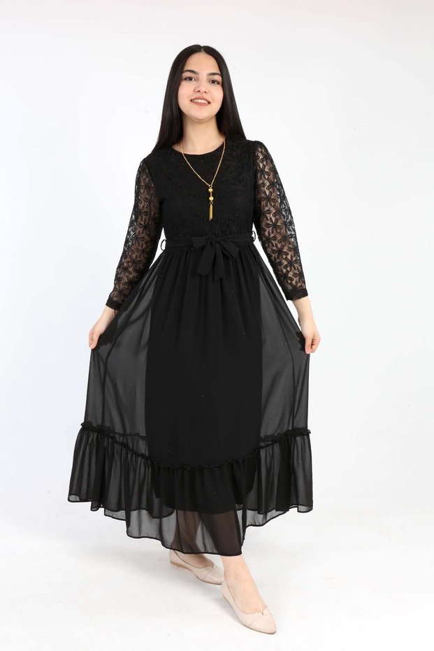 Young Girl Long Length Lace Guipure Embroidered Chiffon Hijab Dress