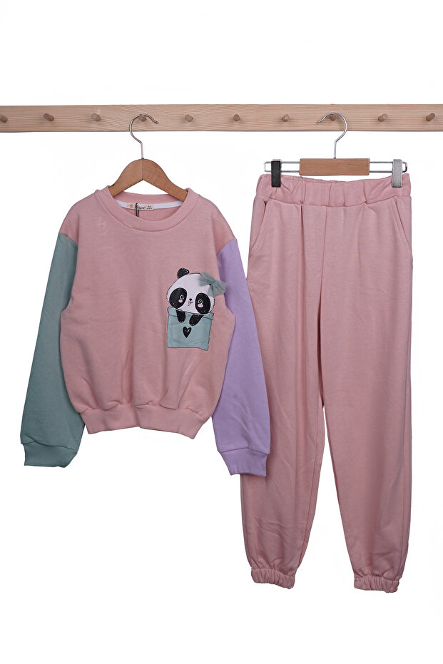 Girl's Cotton Panda Patterned Long Sleeve Tracksuit Set 7-10 Years