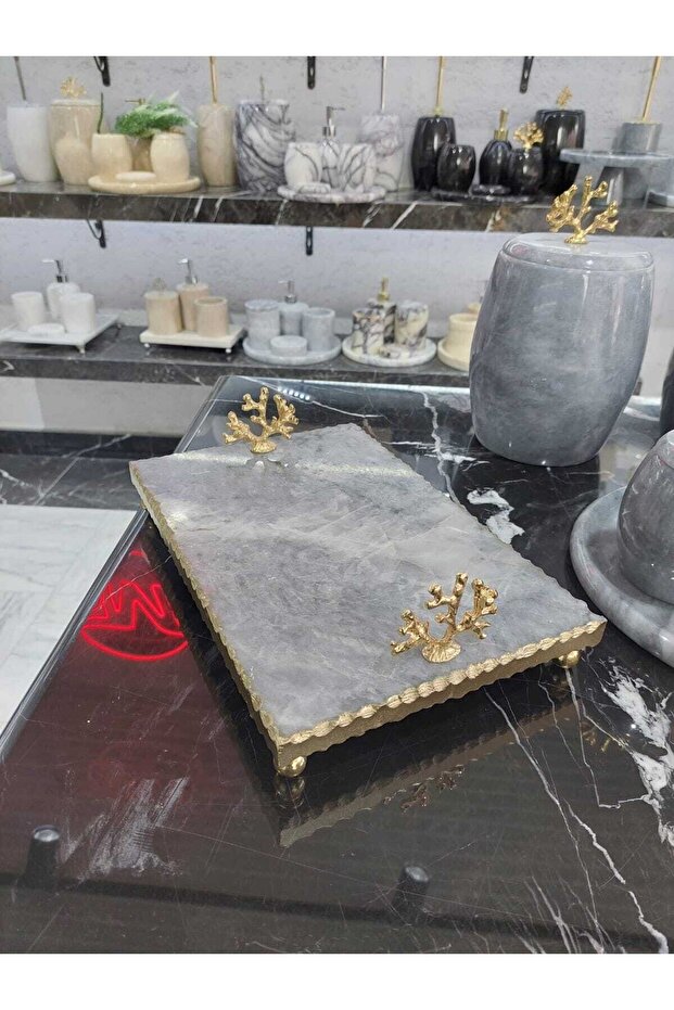 Carina - Gray Marble Presentation Tray | 20x30cm | Coral Object | Ball Footed | Gold |