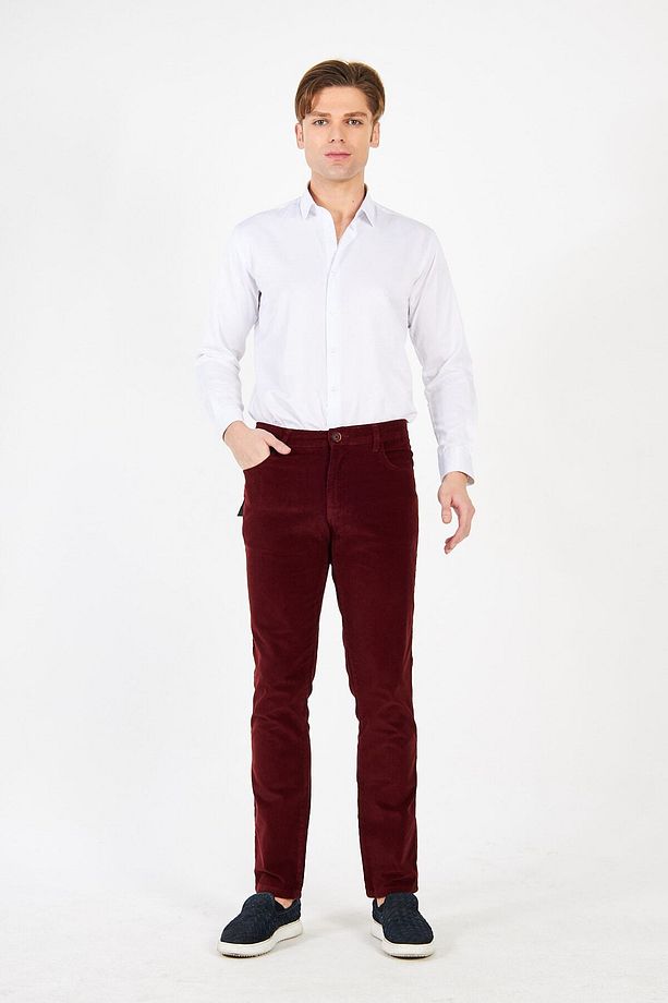 Kadife Bordo Erkek Regular Fit 5 Cep Pantolon - 3