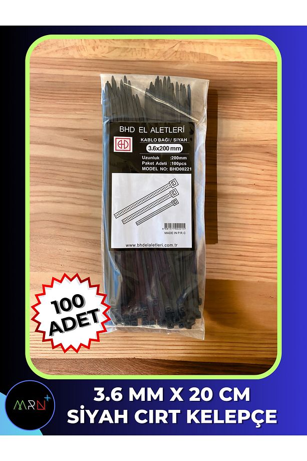 100 Adet 3.6 MM x 20 CM Siyah Kablo Bağı, Cırt Kelepçe, Siyah Cırt Kelepçe - 1