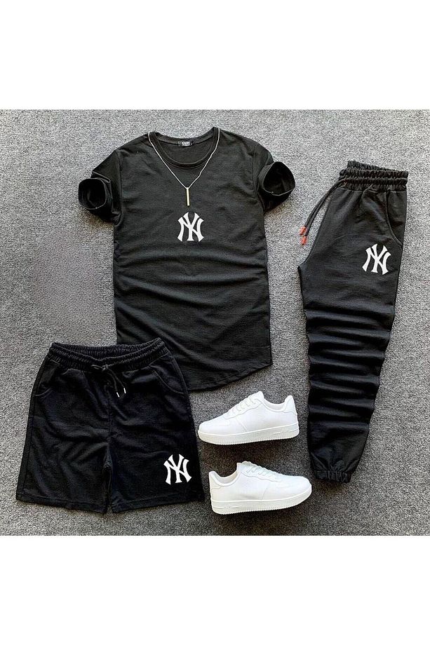 NY Baskılı Original Ünisex Yazlık Şort T-shirt Eşofman Altı 3 lü Set Combin Takım - 1
