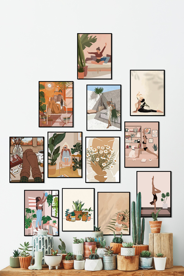 Siyah Çerçeve Görünümlü 12 Parça Mdf Tablo Seti Yoga Bitki Plates Mdf Baskı Mdf Duvar Tablosu - 1
