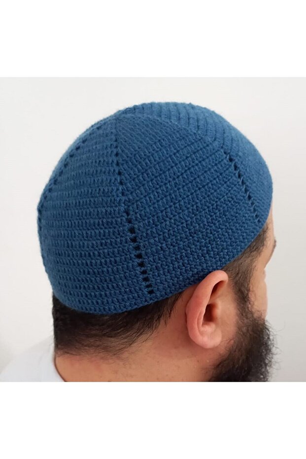Indigo Navy Blue Wool Skullcap, Handcrafted Hand Knitted, Hundred Percent Sheep Wool, Prayer Skullcap 03Yunindigo