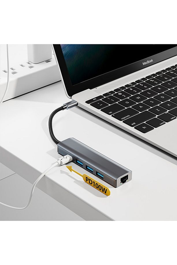 BYL-2302 5 IN 1 Type-c To USB + Type-c + Ethernet Dönüştürücü Çoğaltıcı Hub FÜME - 7