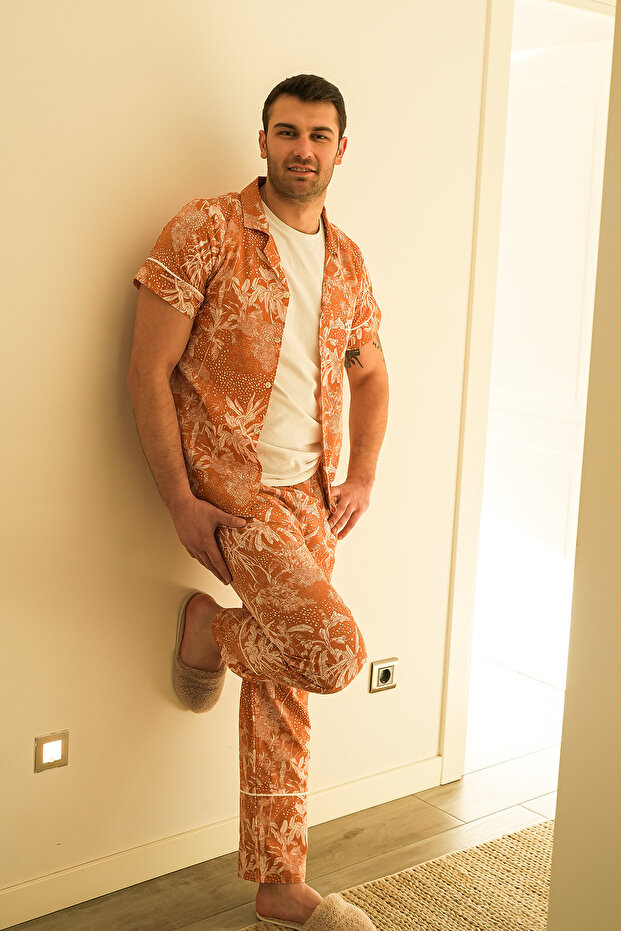 Orange Patterned Viscose Men's Pajama Set - 1