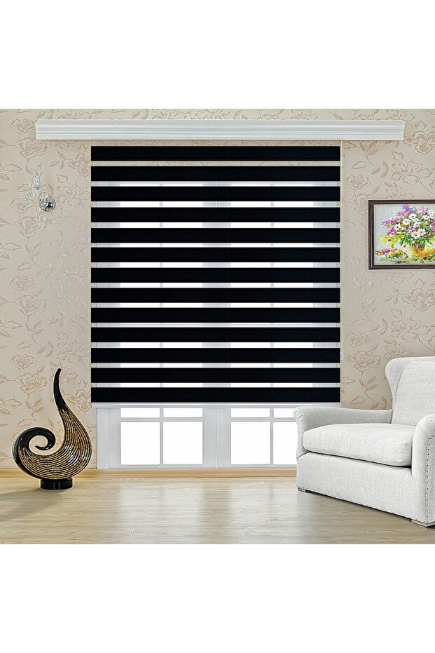 SİYAH BAMBU ZEBRA STOR PERDE ETEK DİLİMSİZ - 1