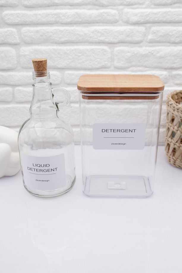 Ahşap Kapaklı Toz Deterjan Kavanozu 2000 ml Sıvı Deterjan Mantar Kapak 1000 ml - 2
