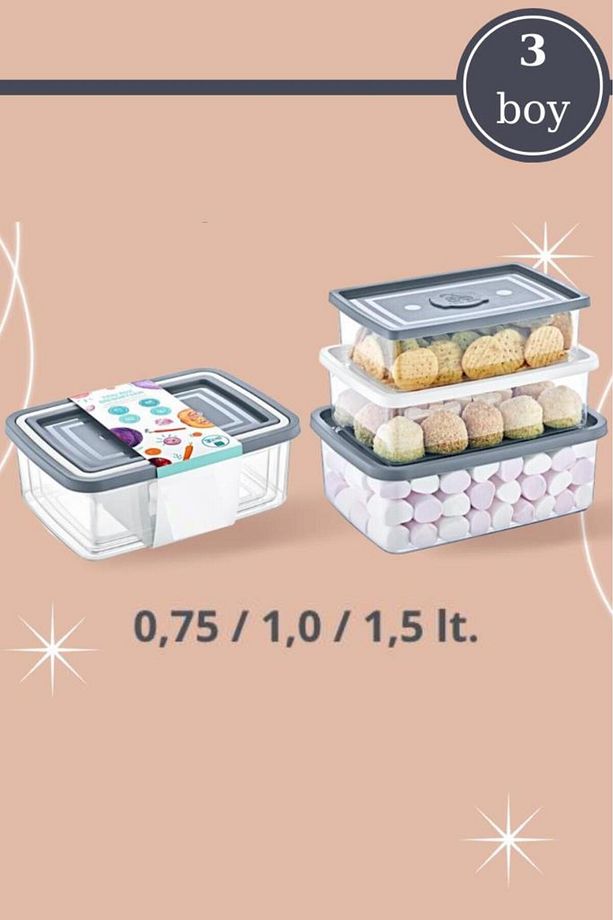 3’lü Dikdörtgen Erzak Saklama Kabı, Modüler Muhafaza Kutusu 3’lü Set (750ml,1000ml,1500ml) - 1