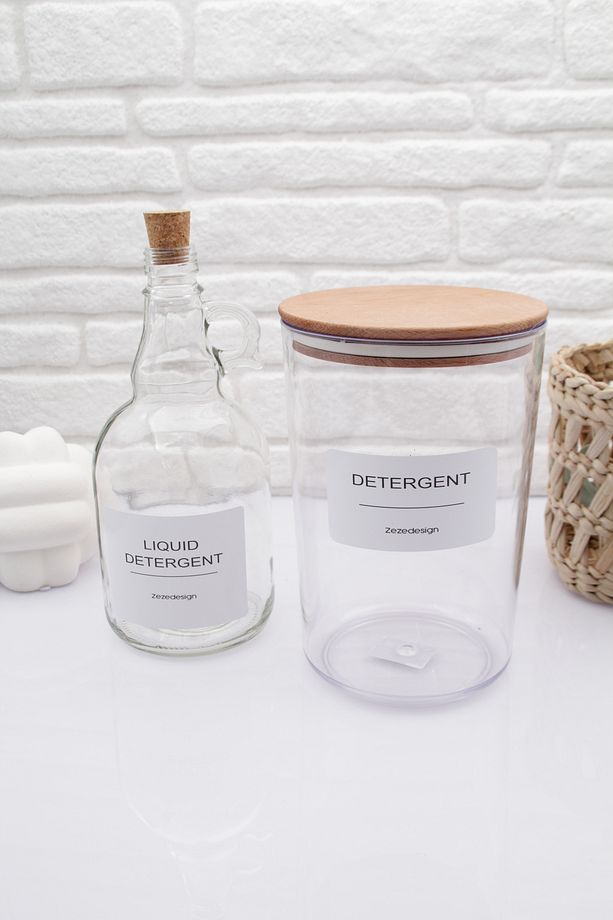 Ahşap Kapaklı Toz Deterjan Kavanozu / Kutusu 2300ml Ve Sıvı Deterjan Şişesi Mantar Kapak 1000ml - 2
