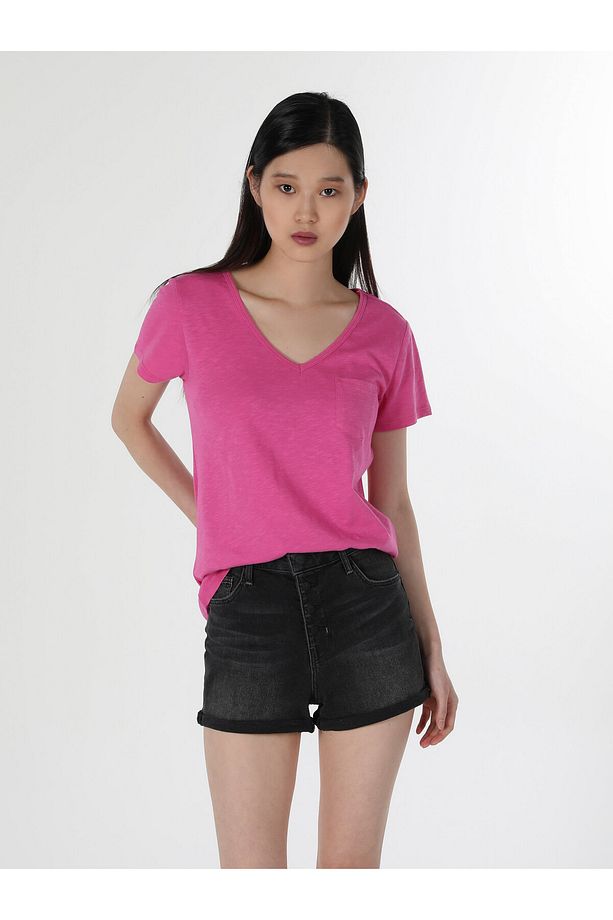 Regular Fit V Yaka Örme Kadın Pembe Kısa Kol Tişört - 1