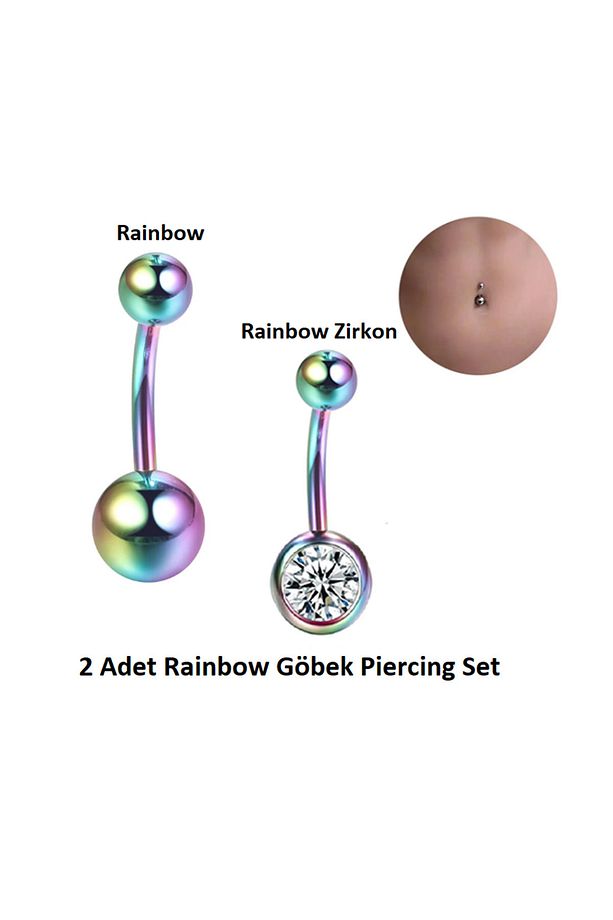 Öteberi 316l Cerrahi Çelik Antiallerjik Göbek Piercing Toplu Ve Zirkon Taşlı Rainbow 2 Adet Set - 1
