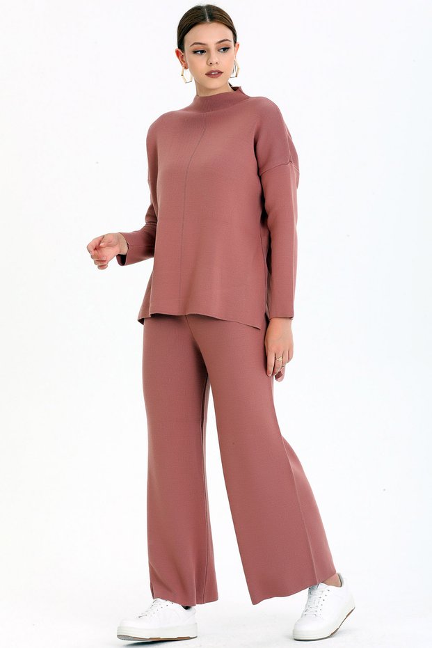 Stand Collar Stripe Detailed Short Front Long Back Sweater Elastic Waist Straight Leg Trousers Double Knitwear Set