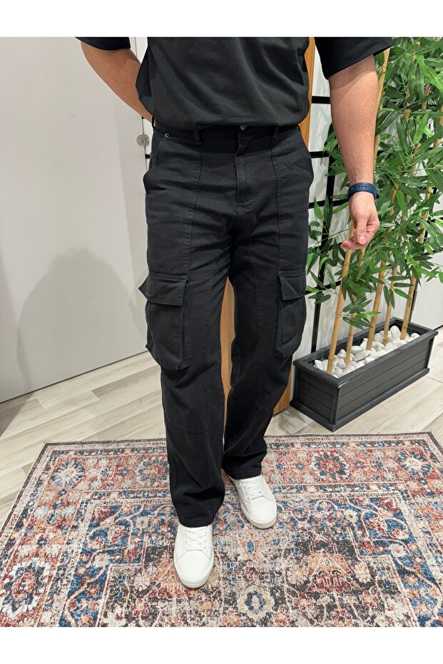 Pantaloni cargo negri cu buzunar mare - 5