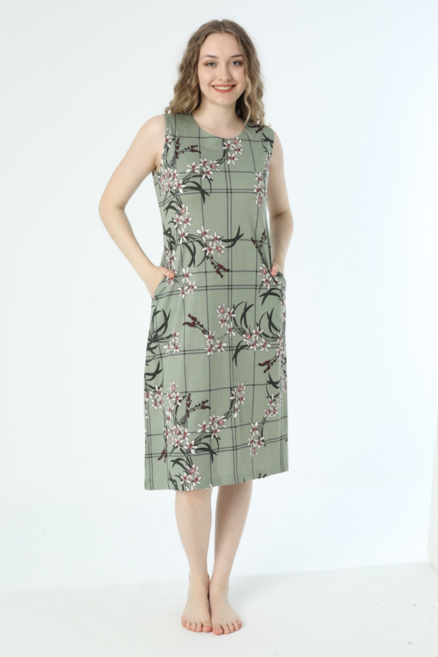 Desenli Askılı Cepli Örme Pamuklu Elbise - 4