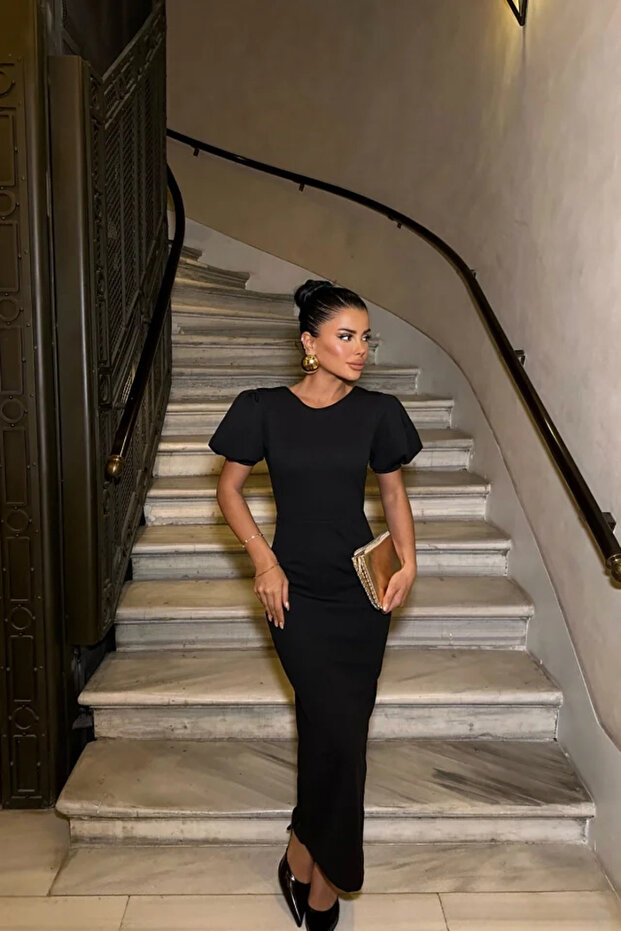 Siyah Sırt Detay Basic Elbise - 3